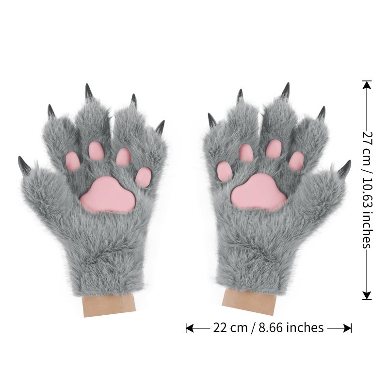 HAOAN Wolf Paw Gloves Faux Fur Cat Fingerless Mittens Winter Warm Cosplay Halloween Fancy Party Costume Accessories (gray01) - Image 2